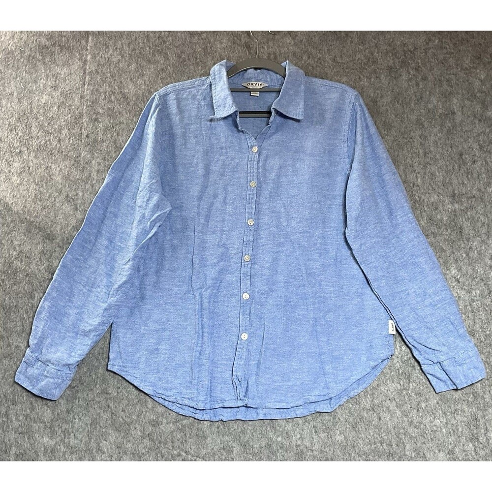 Orvis Shirt Womens Medium Blue Linen Blend Long Sleeve Button Up Top Casual